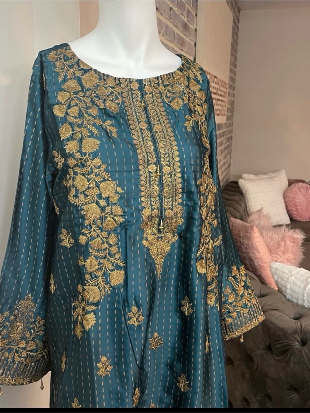 Salwar Kameez Teal Dress with Gold Embroidery